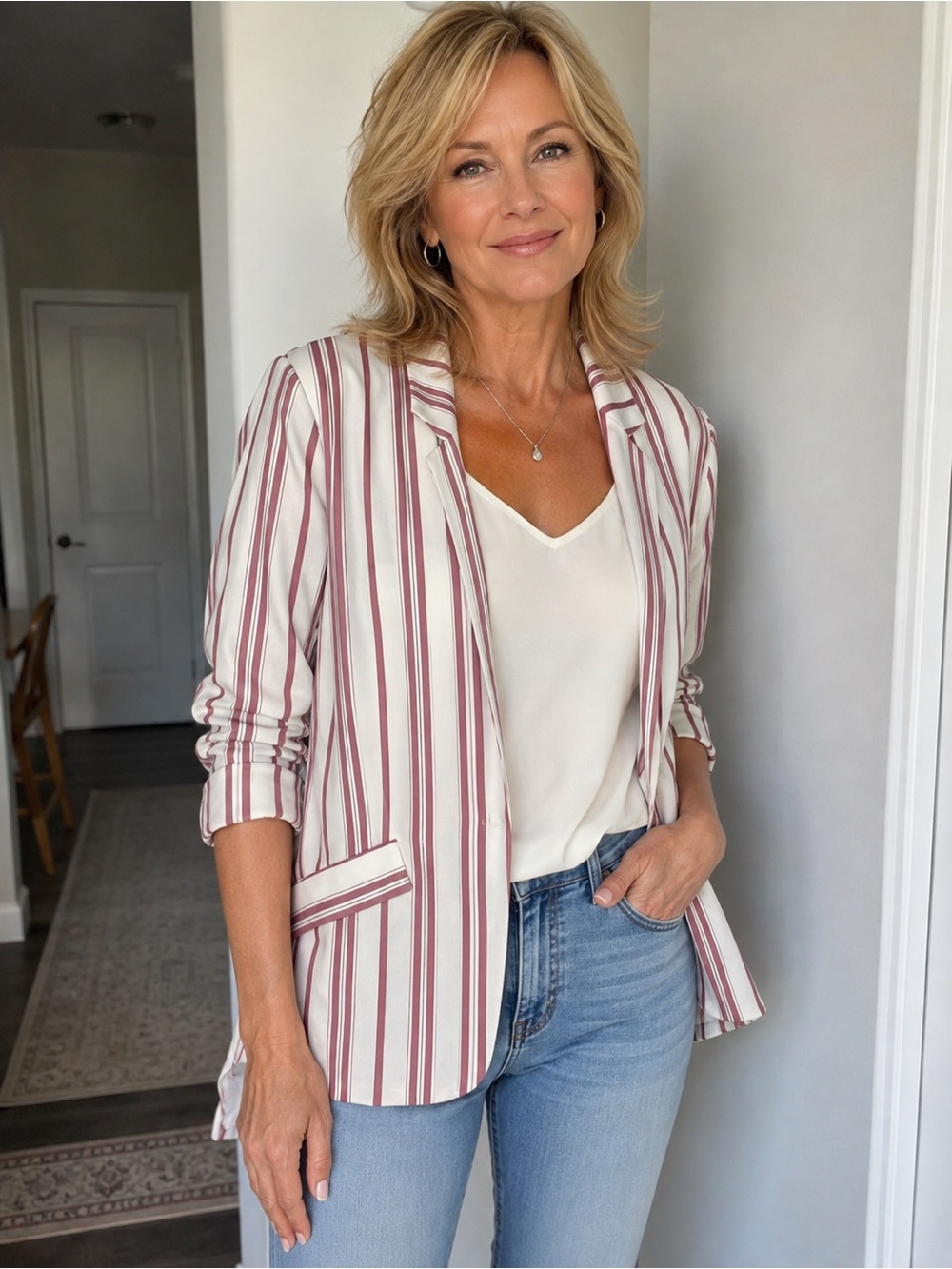 Love Tree Cream Blazer with Burgundy Stripes
